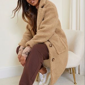 PRETTYLITTLETHING CAMEL BORG LONGLINE TEDDY COAT - SIZE 6